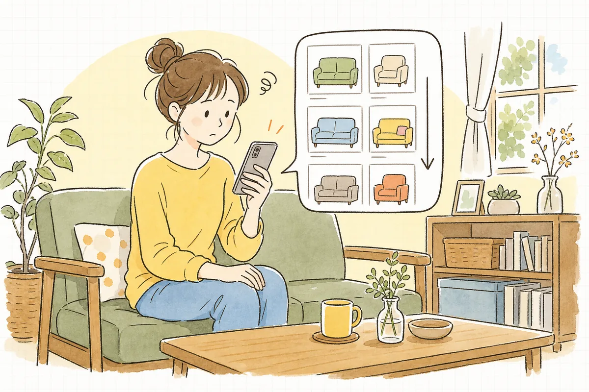 スマホでネットショップの商品一覧をスクロールしながら、どれを選ぼうか迷っているお客さんの様子