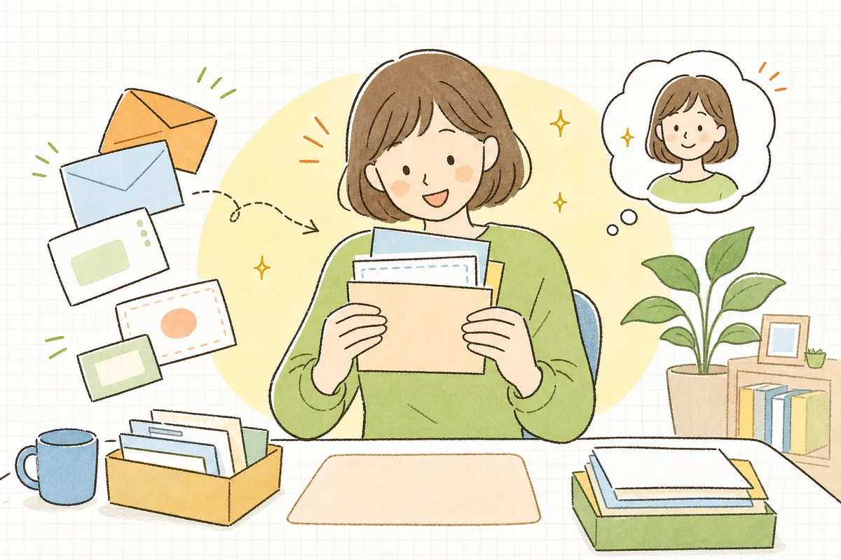 ECの担当者が、別々のノートやカードに書かれた同じお客さんの情報を一つにそっと重ね合わせて、「あ、同じ人だったんだ」と気づいて安心した表情を浮かべている情景