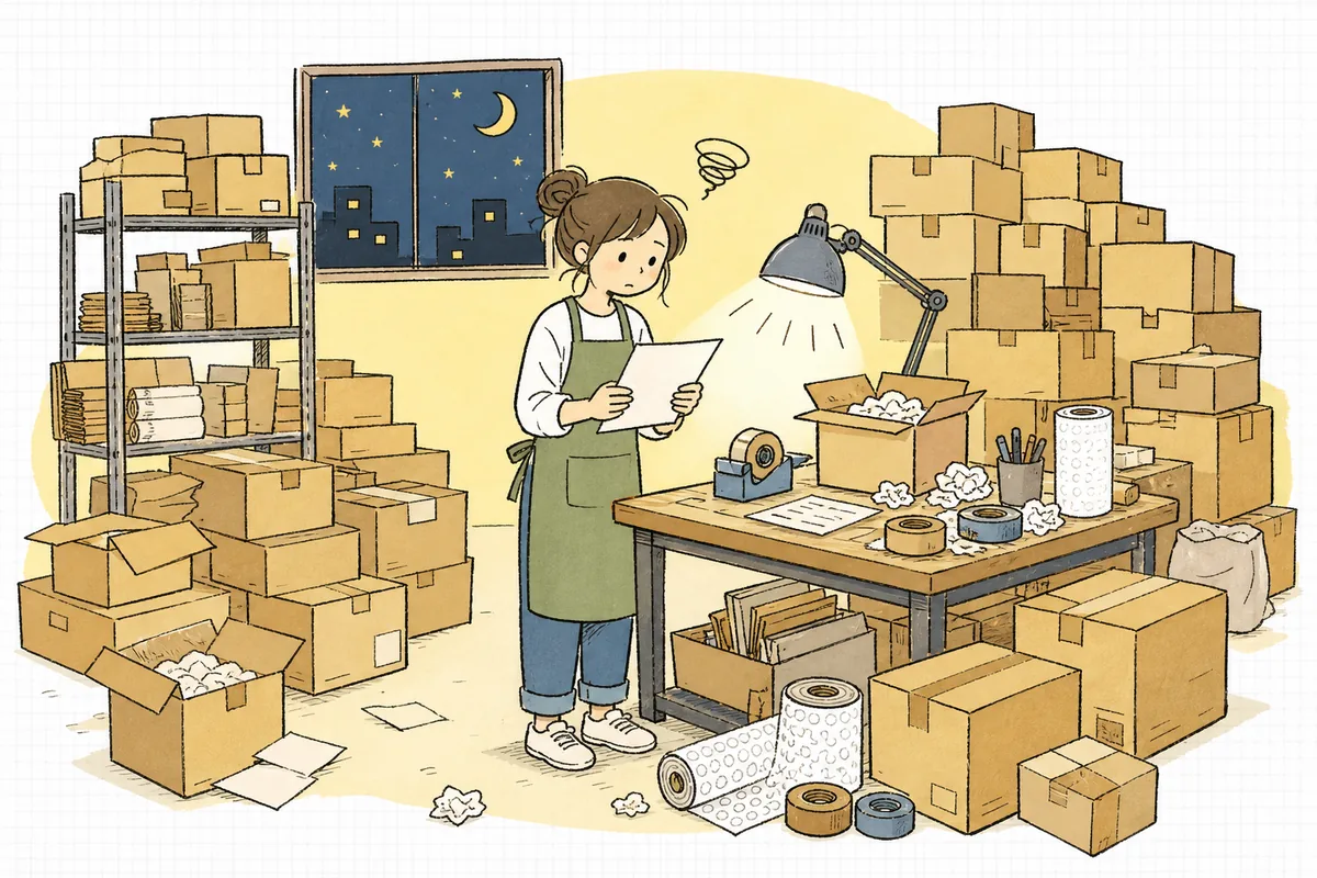 段ボールや梱包資材が積み上がったEC事業者の作業場で、出荷作業に追われる担当者の様子