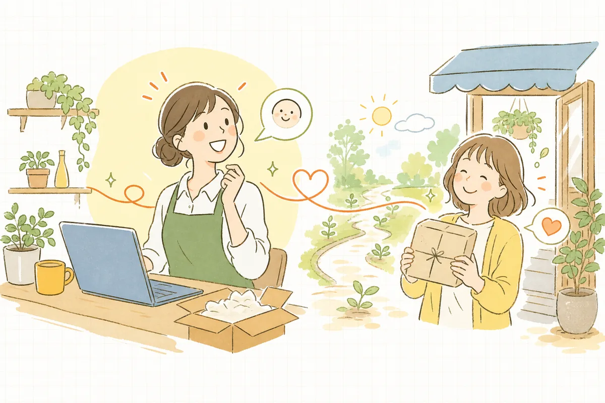 チャットでの会話をきっかけに、担当者とお客さんの間に信頼が生まれ、双方が笑顔で前を向いている明るい情景