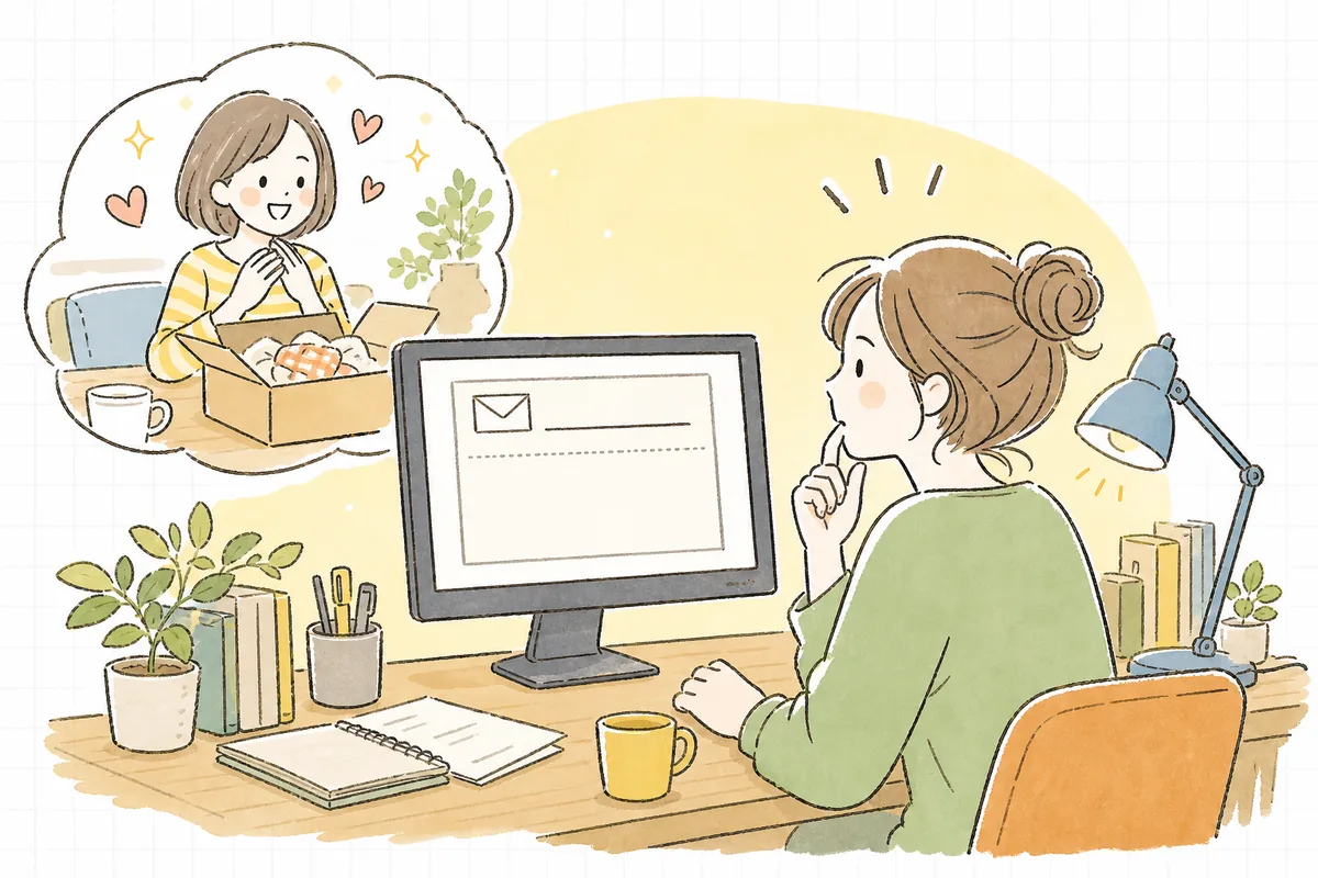 自分のお店から自動で送られる事務的な注文確認メールを画面で見て、「これで終わりでいいのかな」と考え込むEC担当者の情景