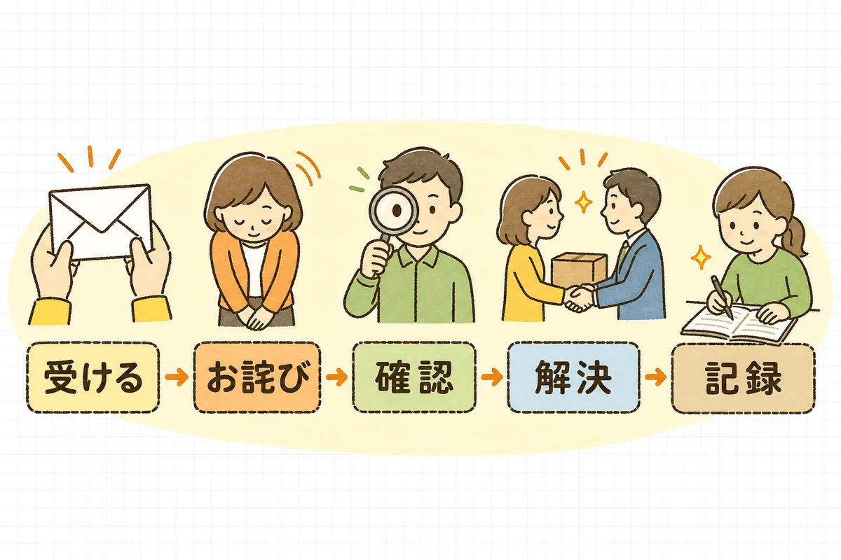 クレーム対応の5ステップ（受ける→お詫び→確認→解決→記録）を左から右へ順に並べた流れ図