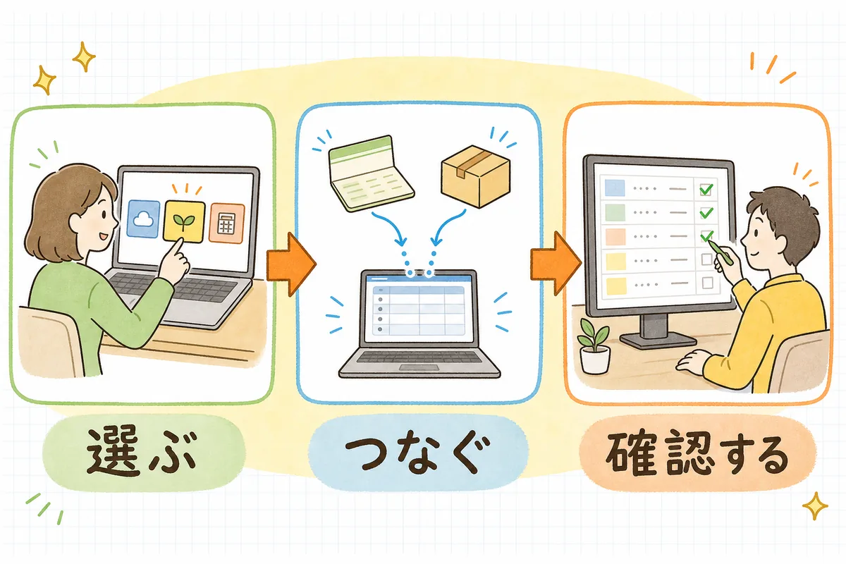 クラウド会計での記帳を、ソフトを選ぶ・口座やショップを連携する・取り込まれた取引を確認して仕分ける、の3ステップで示した図