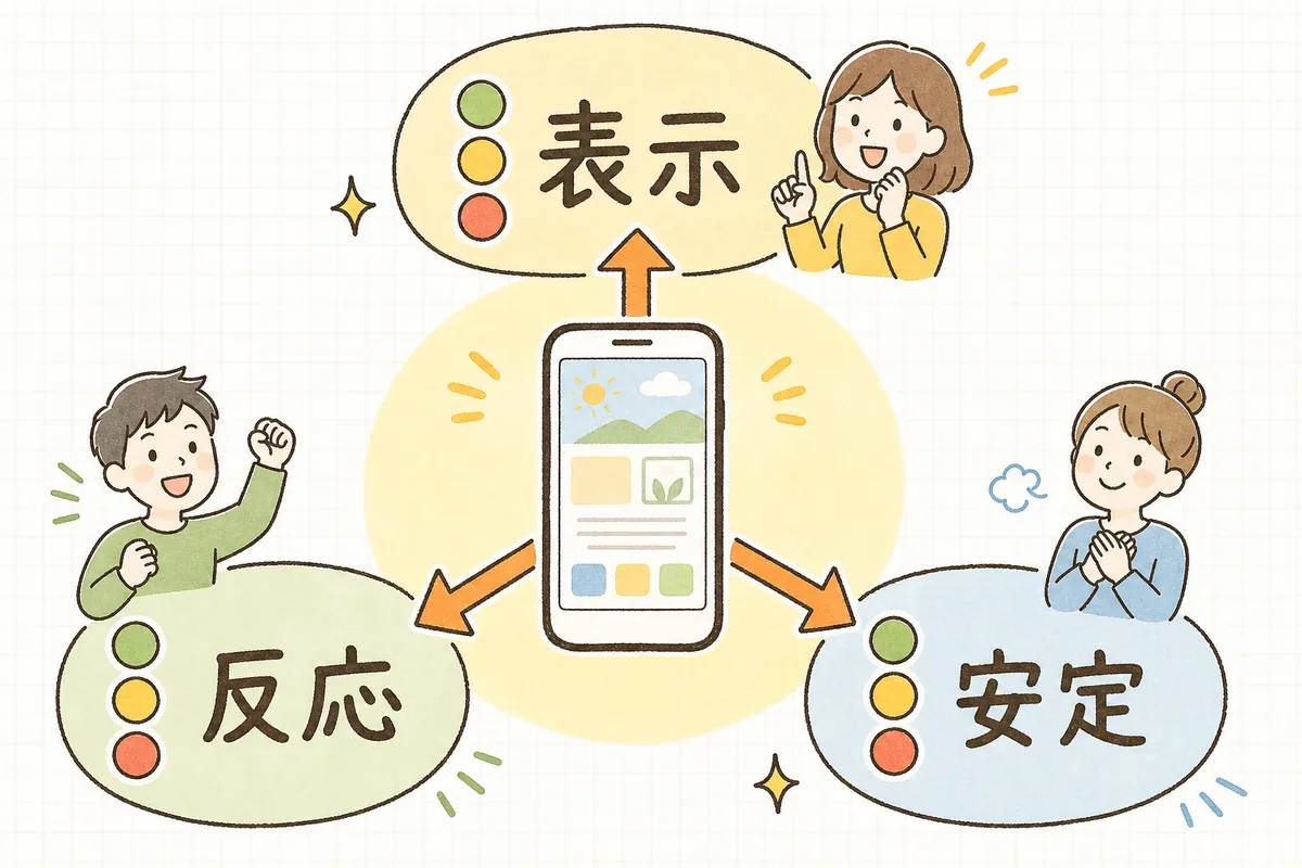 表示の速さ・操作の反応・表示の安定という3つの数値でページの快適さを見える化する概念図