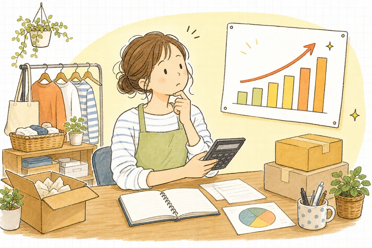 売上は伸びたのに利益が残らず、クーポンの配り方を見直そうと電卓を手に考え込むEC担当者