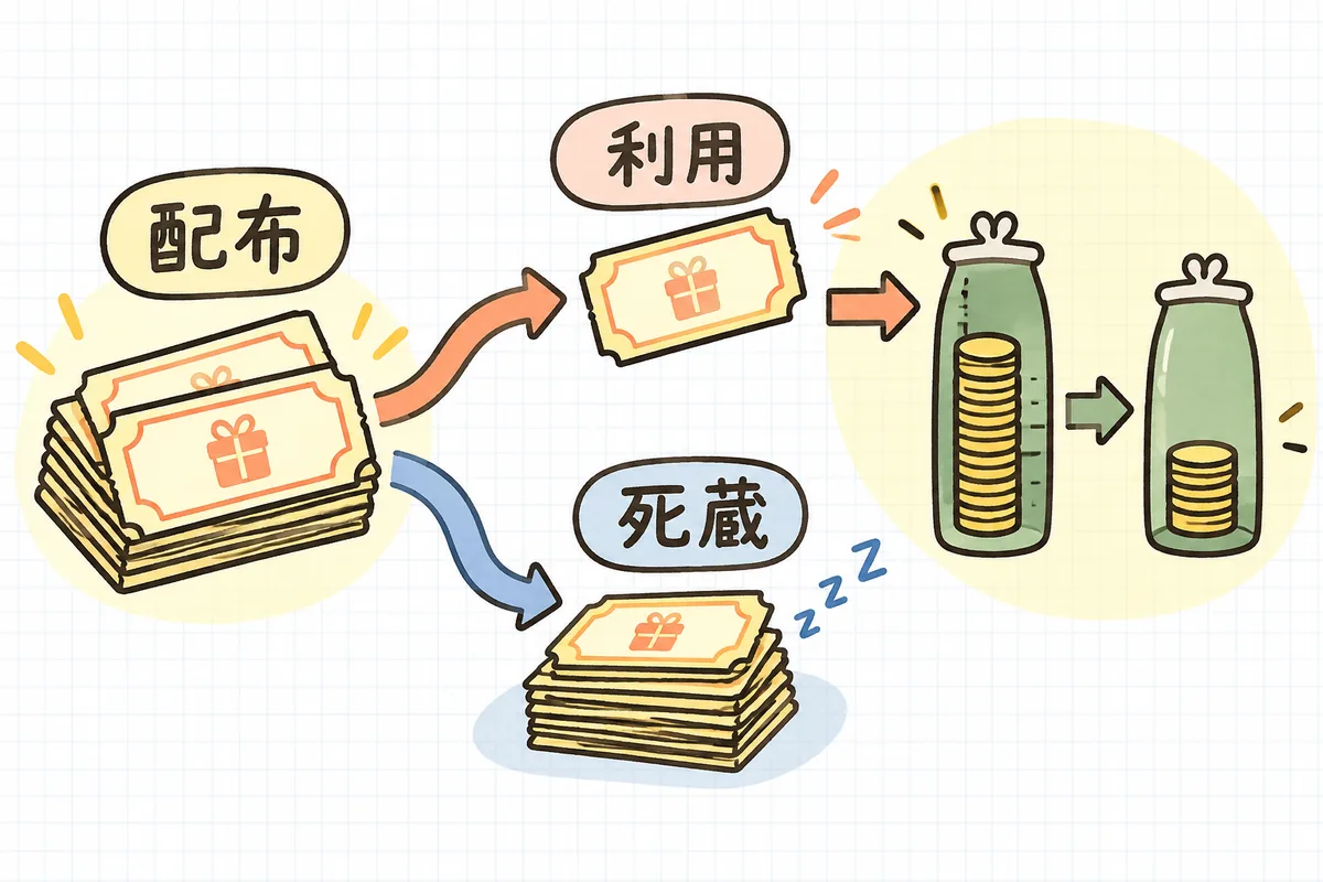 配ったクーポンが「使われた分」と「使われず眠る分（死蔵）」に分かれ、使われた分が原資を消化していく流れを、利用率と消化率の2つのものさしで見る概念図