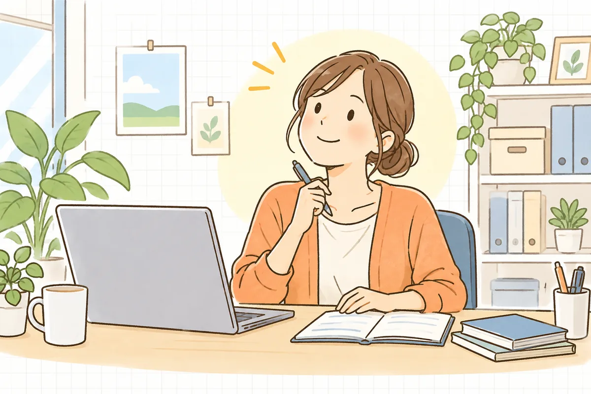 パソコンの前でクーポンの配布リストと利用結果の集計を見比べ、「配った割に使われていないな」と気づいて落ち着いて考えているECの担当者