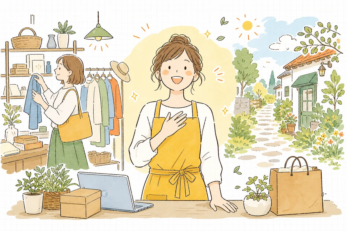 決済の備えを整えたことで、お客さんが安心してカードで買い物を楽しみ、担当者も肩の力が抜けて笑顔で前を向いている明るい情景