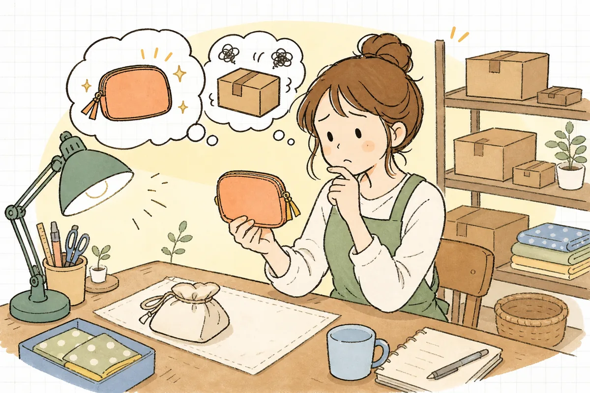 作りたい新商品の試作品を手に、在庫リスクを前に「作るべきか」と迷うネットショップ運営者