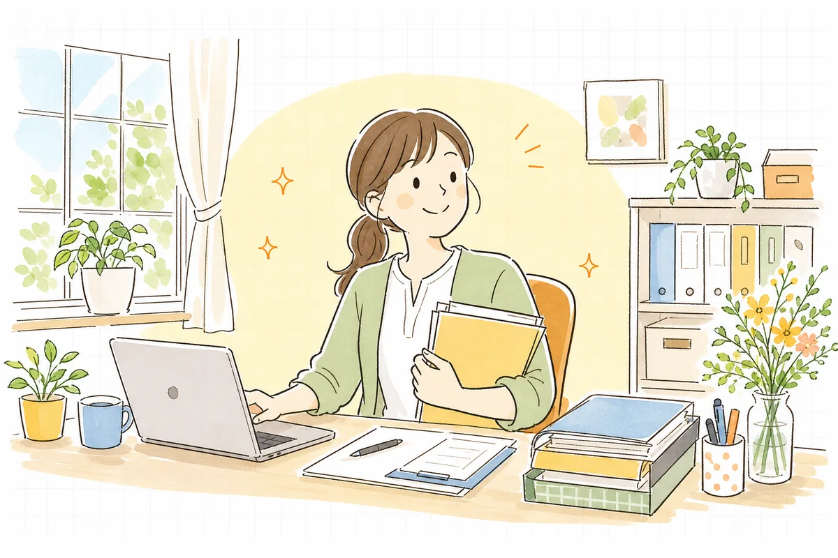 整理された問い合わせ対応の仕組みを前に、落ち着いた笑顔で次の仕事に向かう前向きなEC担当者の情景