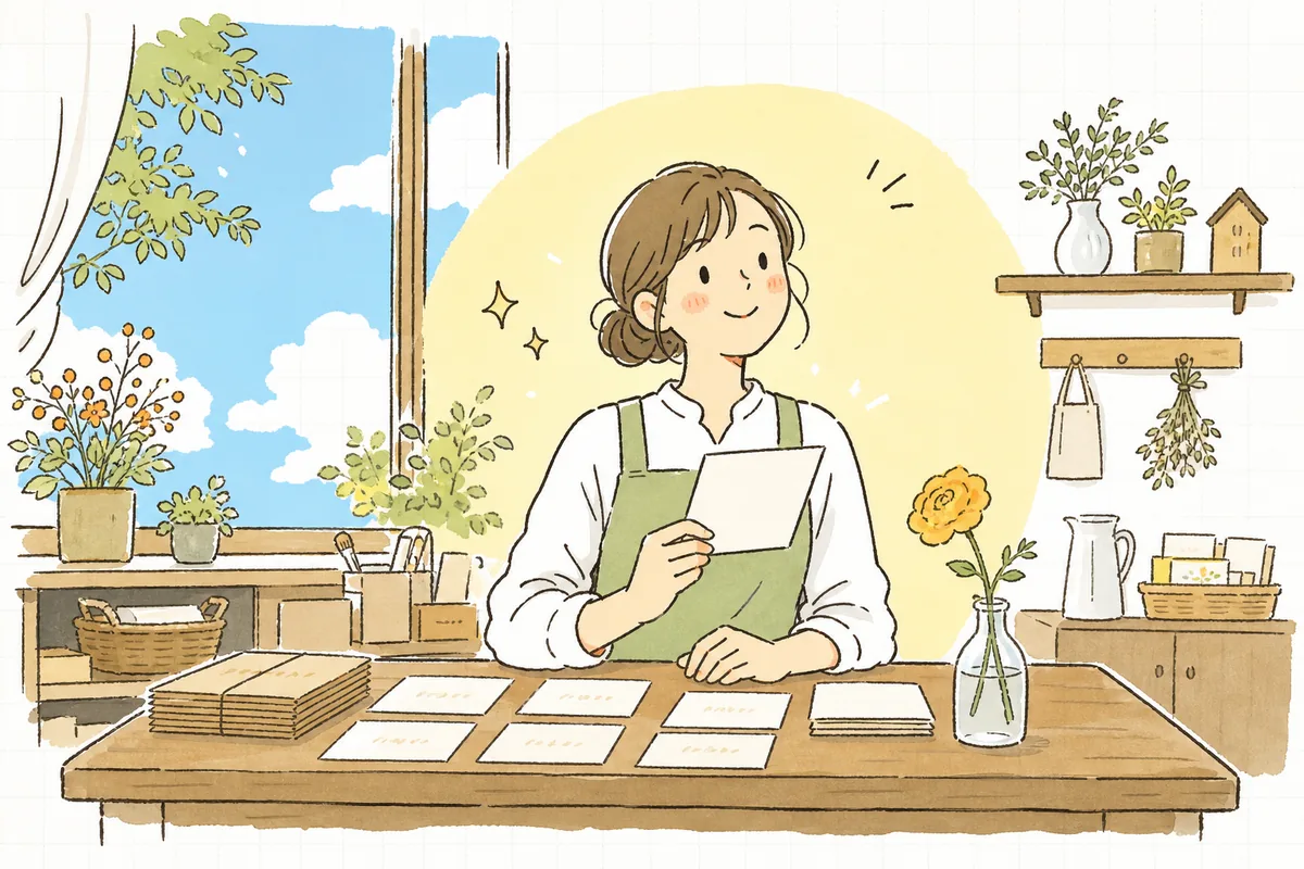 お店の担当者が、大切なお客さんへ心を込めたお礼のメッセージを書き終え、晴れやかな表情で前を向いている明るい情景