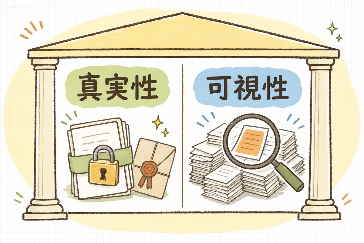 電子取引データの保存に必要な「真実性（改ざんできない）」と「可視性（すぐ探せる）」の2つの条件を左右に並べて示した図