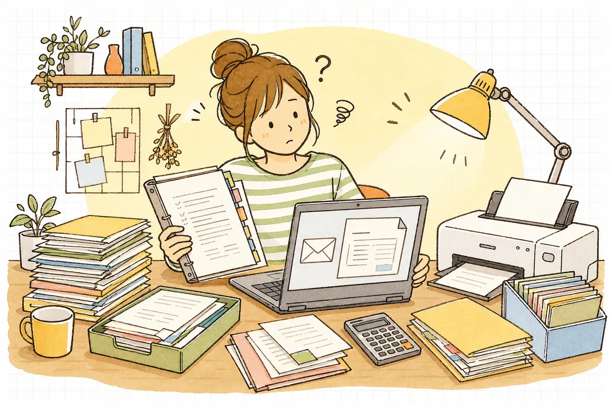 メールで届いた請求書を印刷してファイルに綴じながら「これで保存は合っているのかな」と少し不安そうに考えるネットショップ店主