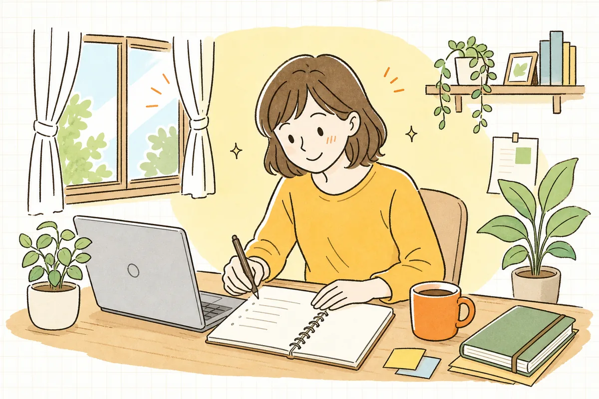 自分のお店のURLを決めようとパソコンの前でドメイン名の候補をメモに書き出しているEC開業準備中の担当者