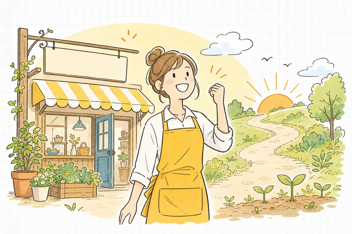 自分だけの住所（独自ドメイン）を掲げたネットショップを前に、晴れやかに前を向くお店の担当者
