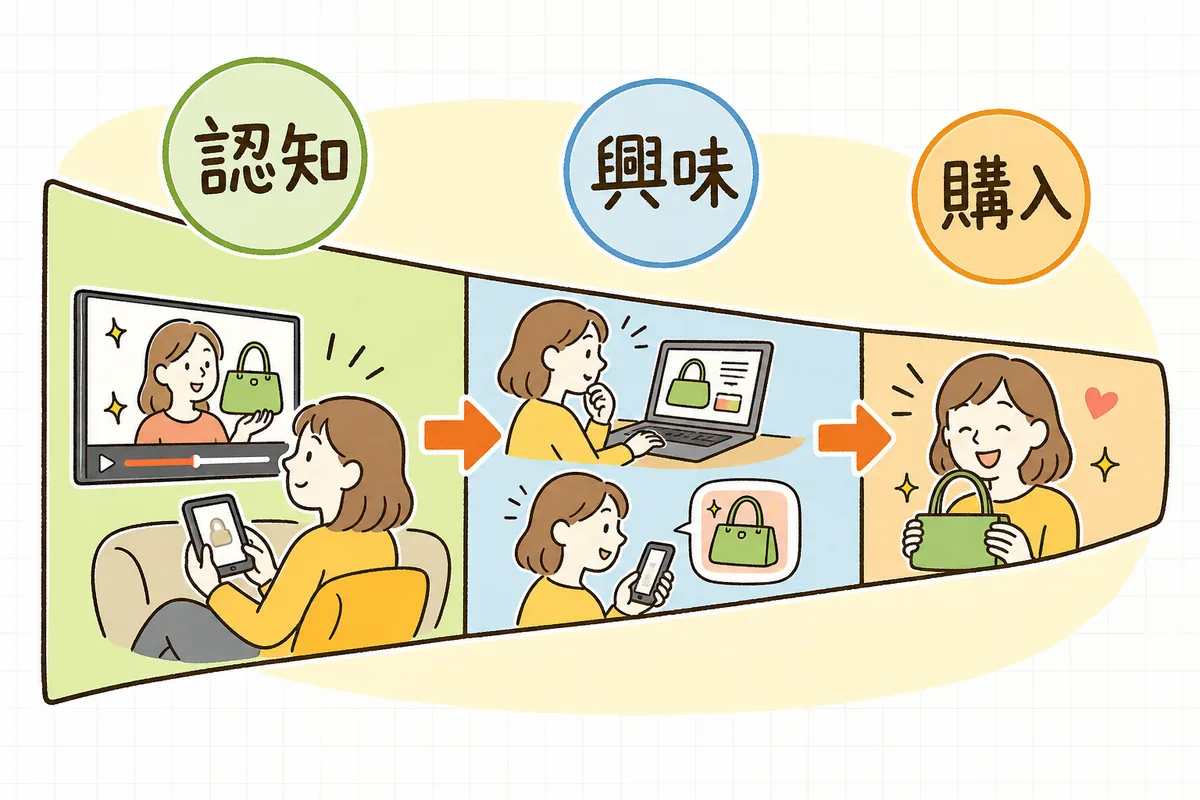 動画広告で認知を広げ、サイト訪問・リターゲティングを経て購入につながる流れを示した図