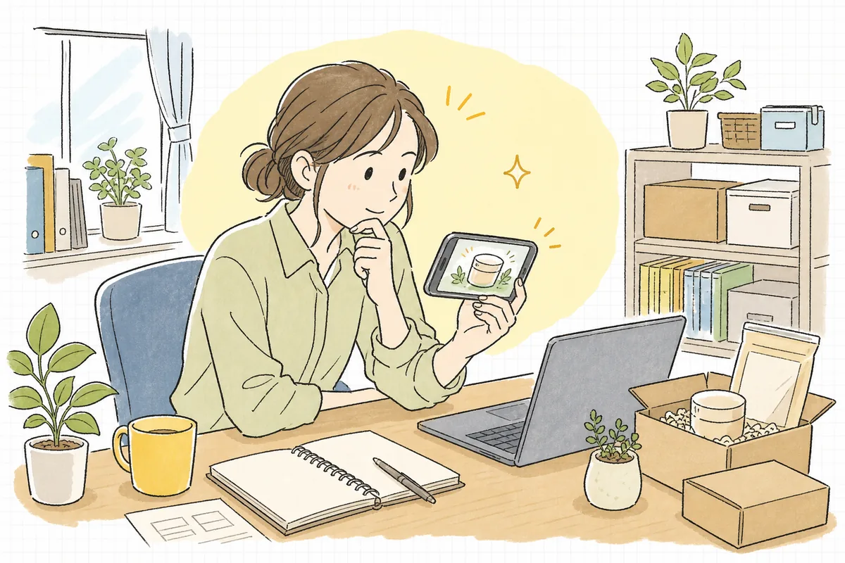 スマホで自社の商品動画を見ながら、動画広告を出してみようか考えているEC担当者