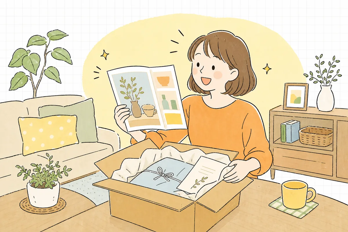 届いた荷物の箱を開けたお客さんが、商品と一緒に入っていた手書き風のカタログ・チラシを手に取り、「これも良さそう」と笑顔で次の商品に興味を持つ情景