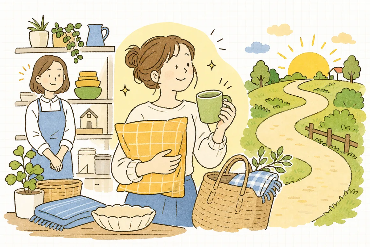 同梱チラシの提案をきっかけにお客さんが次の商品も気持ちよく選び、お店との関係が続いていく様子を象徴する明るい情景