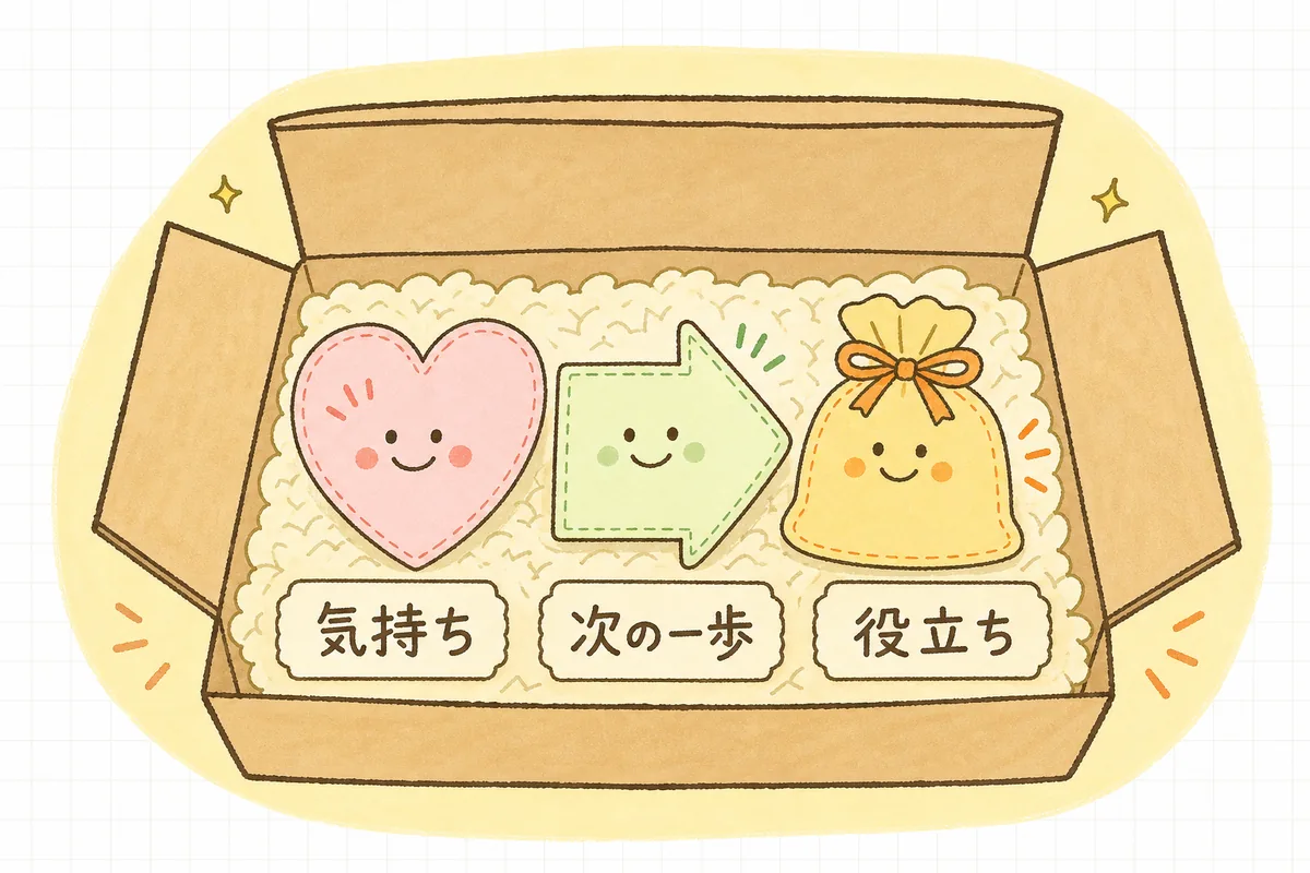 同梱物の3つの役割(気持ち・次の一歩・役立ち)を、箱の中に入れる3枚のカードとして並べた図