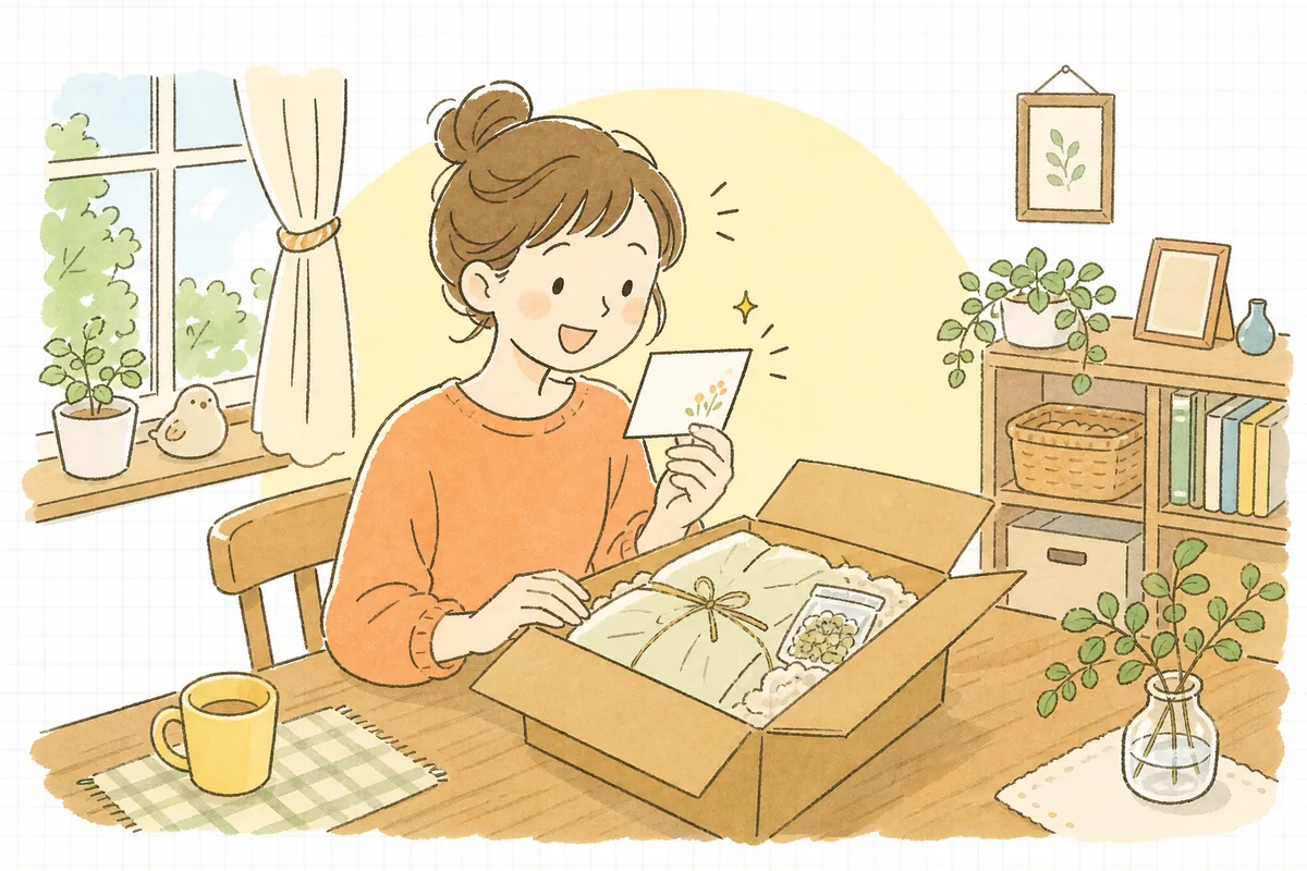 届いたネットショップの箱を開けて、中に入っていた手書きのお礼カードを見て思わず笑顔になっているお客さんの様子