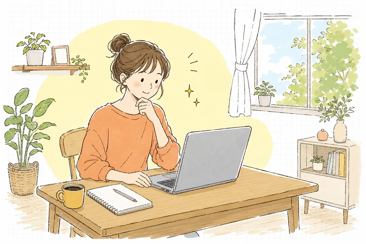 自宅の机でノートパソコンを開き、在庫の箱がない身軽な環境でネットショップを始めようとしている個人事業主の様子