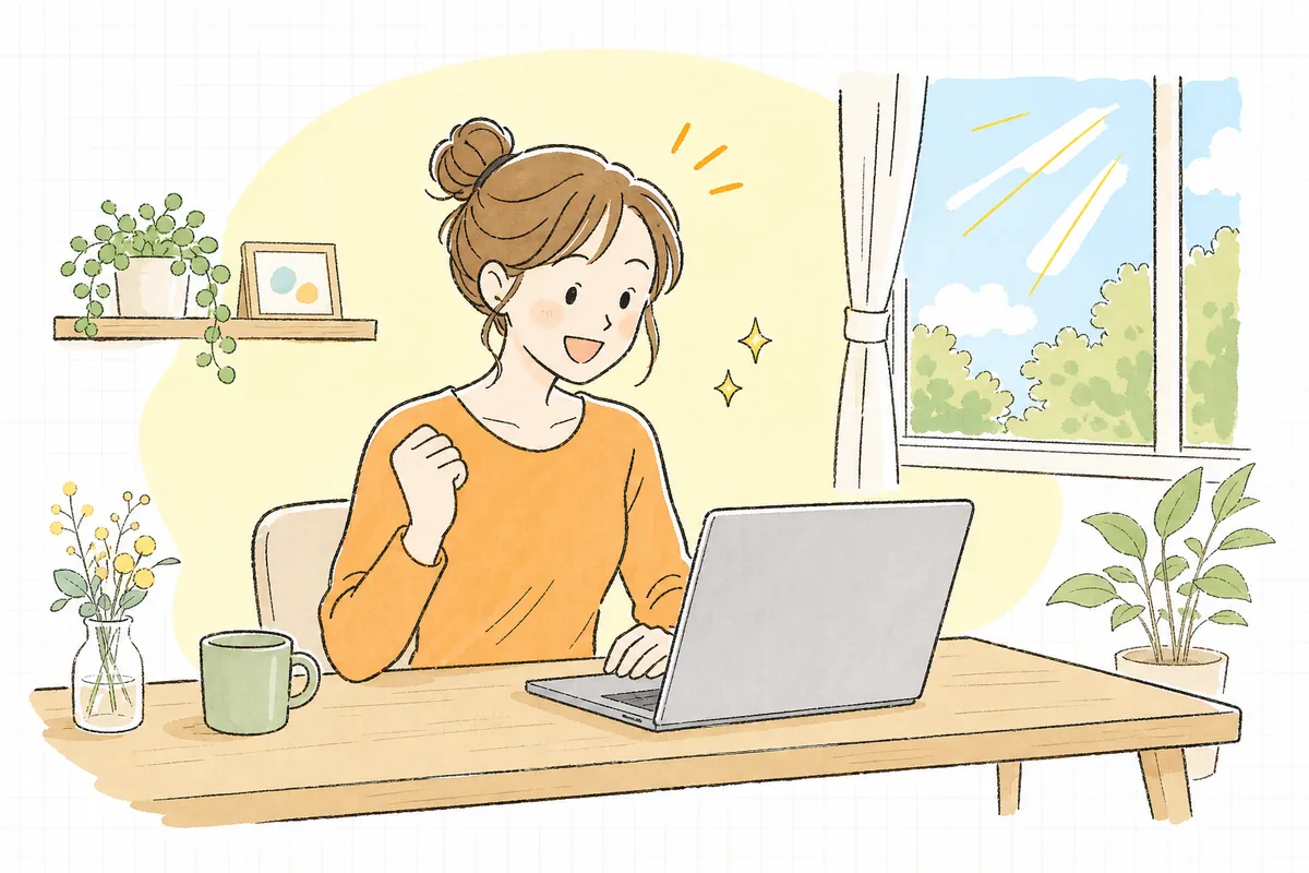 在庫の箱が無い身軽な机で、ネットショップの注文通知を見て前向きに微笑む個人事業主の明るい様子