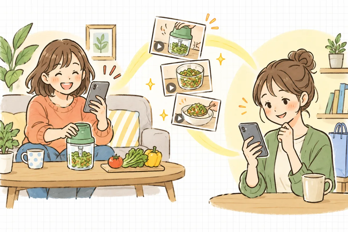 スマホで自分の使っている様子を撮影して投稿するお客さんと、その動画が並んだ商品ページを見て「これなら安心」とうなずく別の買い物客が、やわらかくつながっている情景