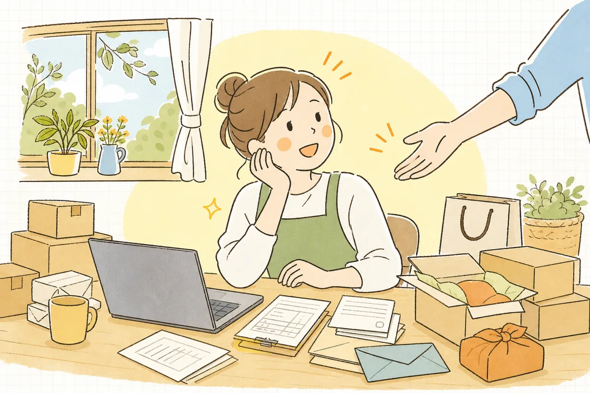 一人でたくさんの作業を抱えて疲れていた店主が、そっと差し出された協力者の手に気づいて表情がやわらぐ情景