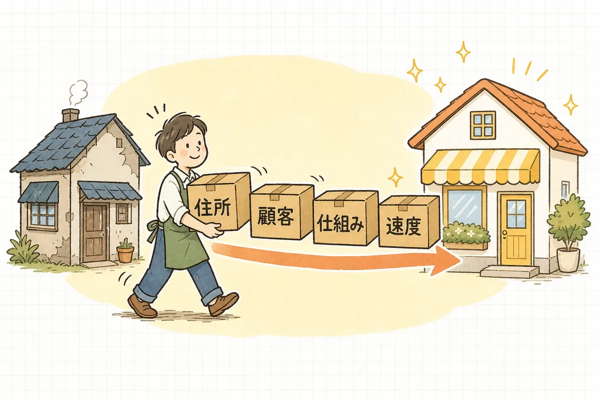 古いサイトから新しいサイトへ、URL・データ・仕組み・速度の4つの資産を引っ越し荷物のように運ぶ様子を示した概念図