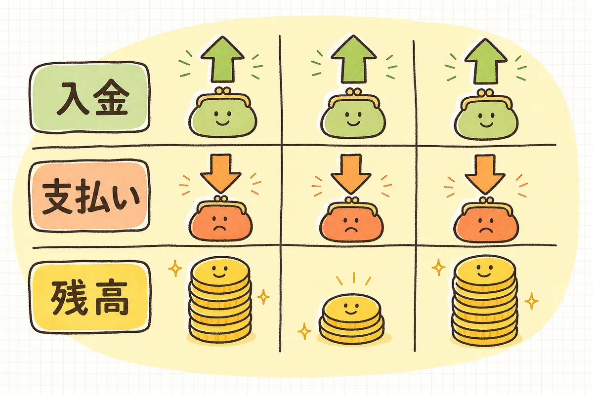 入金予定から支払予定を引いて月末残高を先の月まで並べる、資金繰り表の考え方を示した図