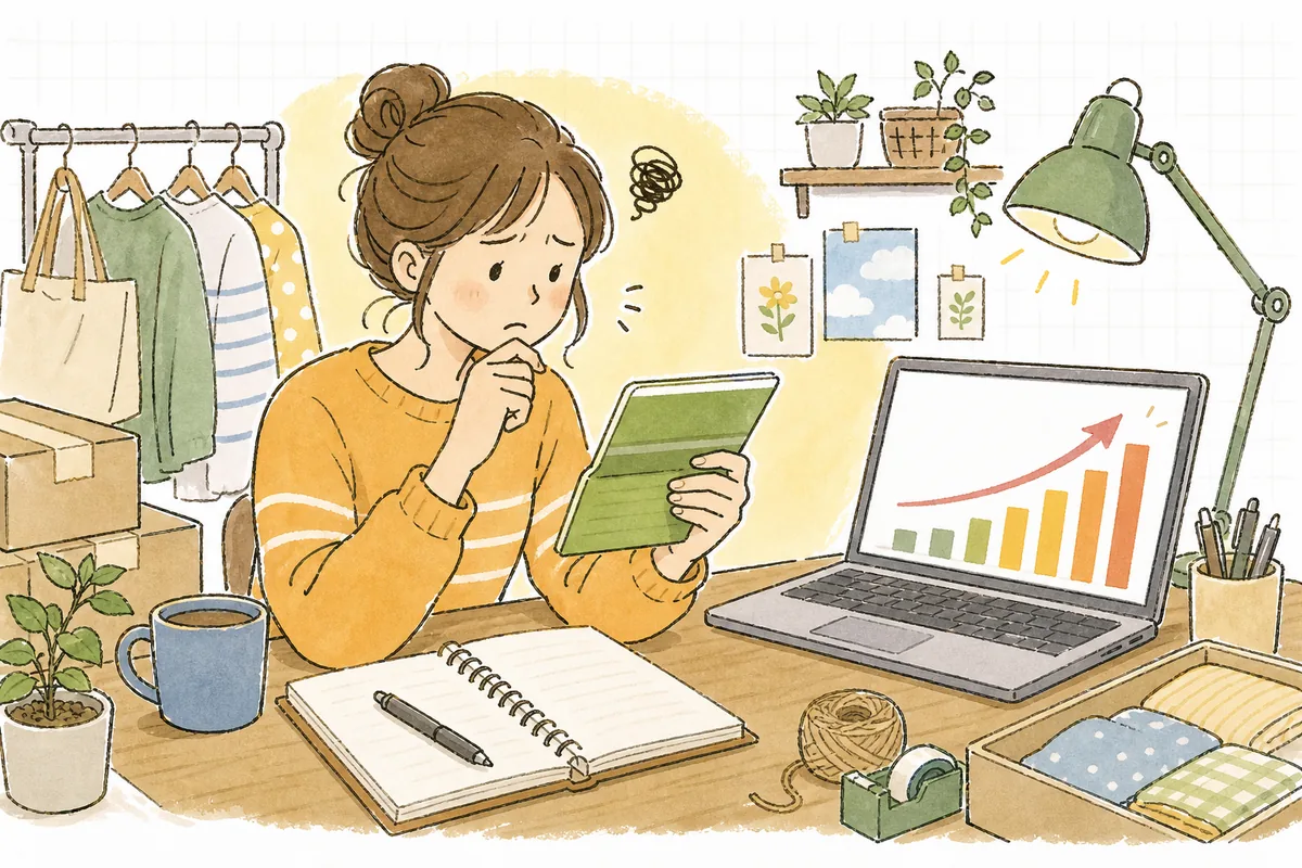 売上は伸びているのに通帳の残高を見て「あれ、お金が思ったより少ない」と不安そうに考え込むネットショップ店主