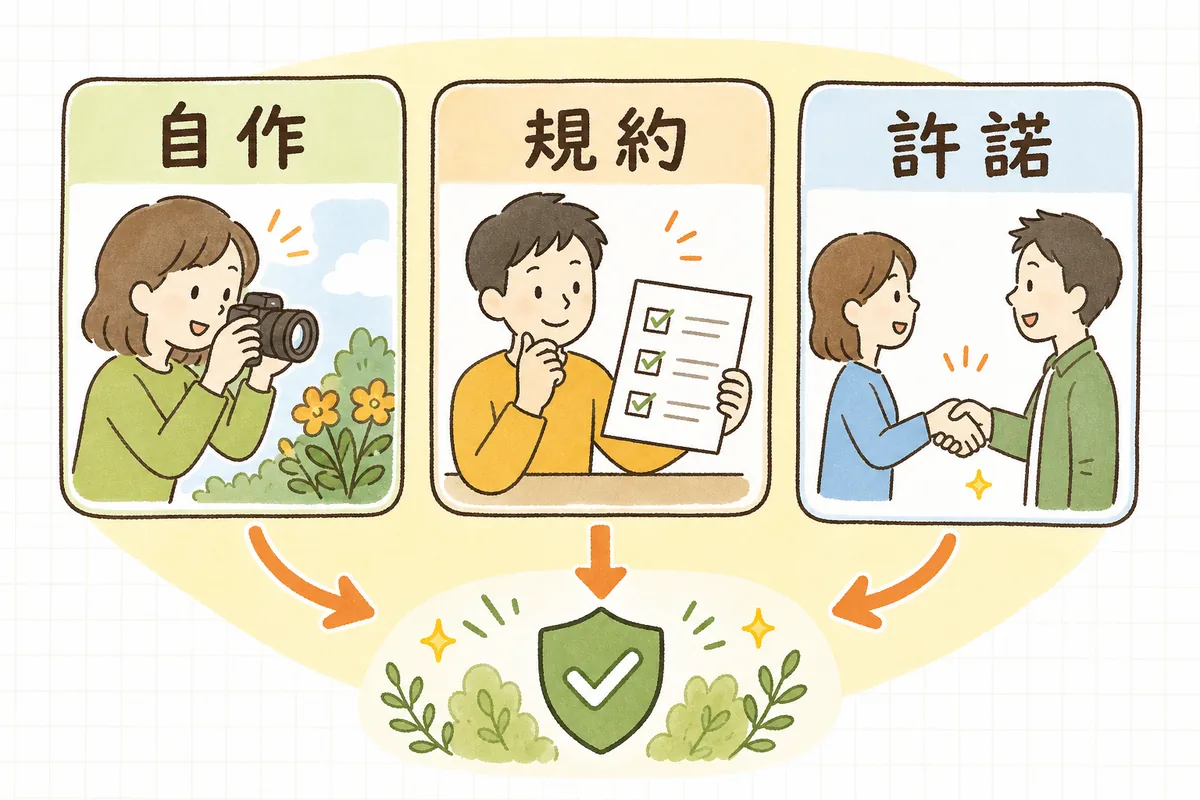 素材を安全に手に入れる3つのルート（自分で作る・規約を読んで使う・許可をとる）を並べて示した図