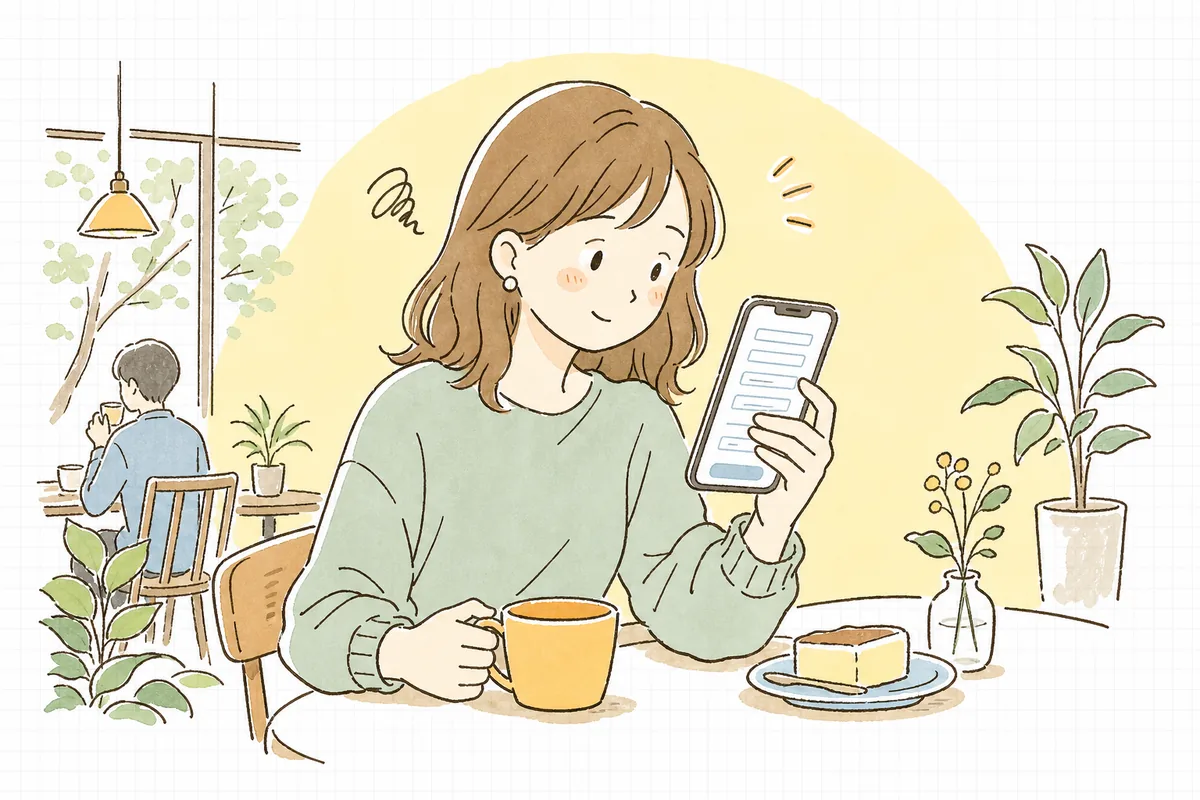 スマホで購入手続きの入力画面を前に、住所や電話番号の入力に少し疲れて手が止まっているお客さんの様子