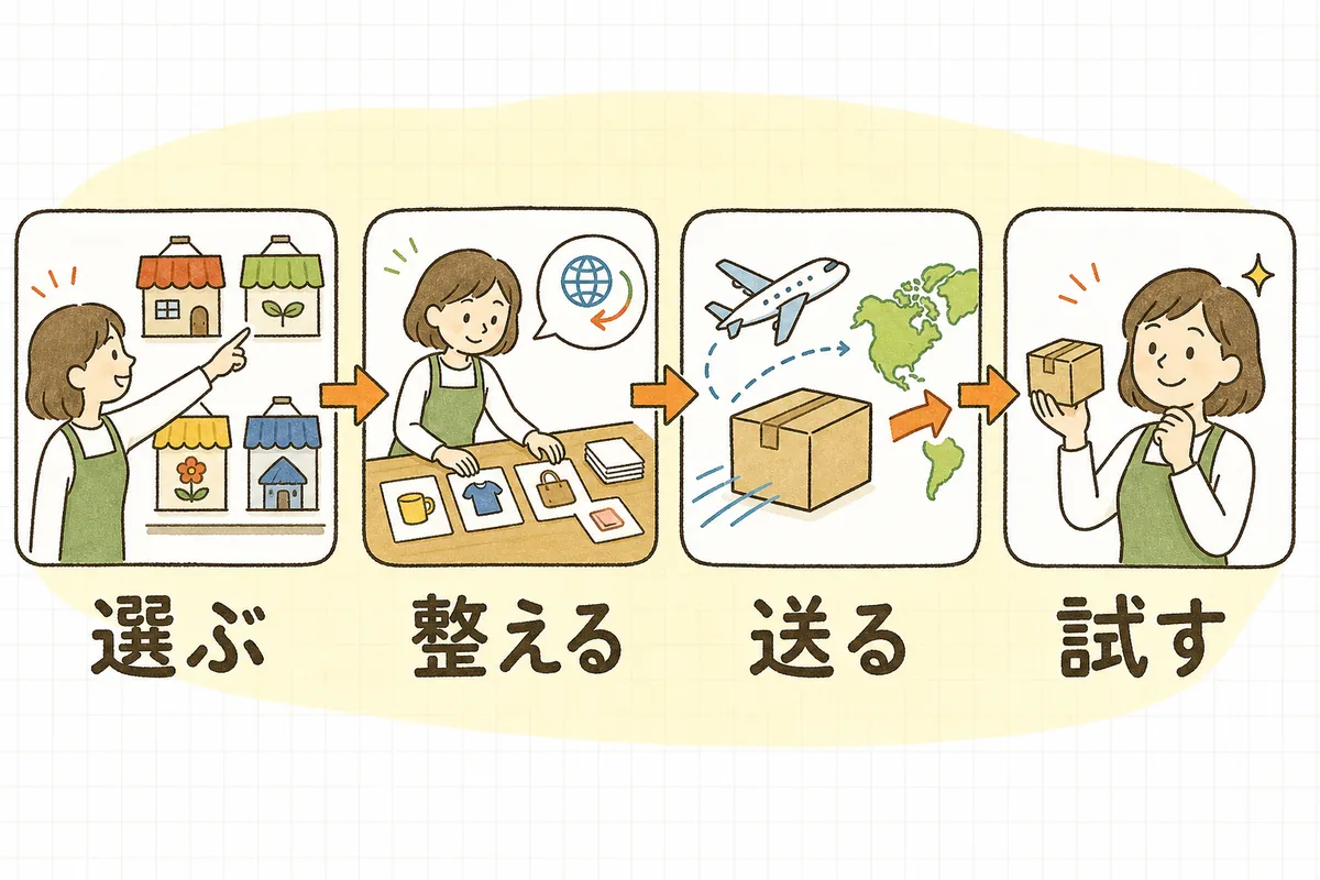 海外モール出店の流れを、選ぶ・整える・送る・試す、の4ステップで示した図
