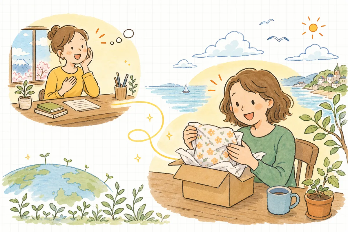 日本から送り出された商品が海外のお客さんの手に届き、受け取った人が笑顔で喜び、作り手もその様子に安心して前を向いている明るい情景