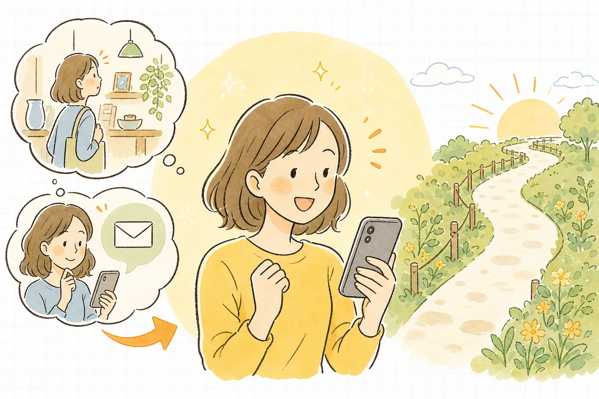フォローメールをきっかけに商品を思い出し、「そうだ、これにしよう」とあたたかく安心した表情でスマホを手にするお客さんの情景