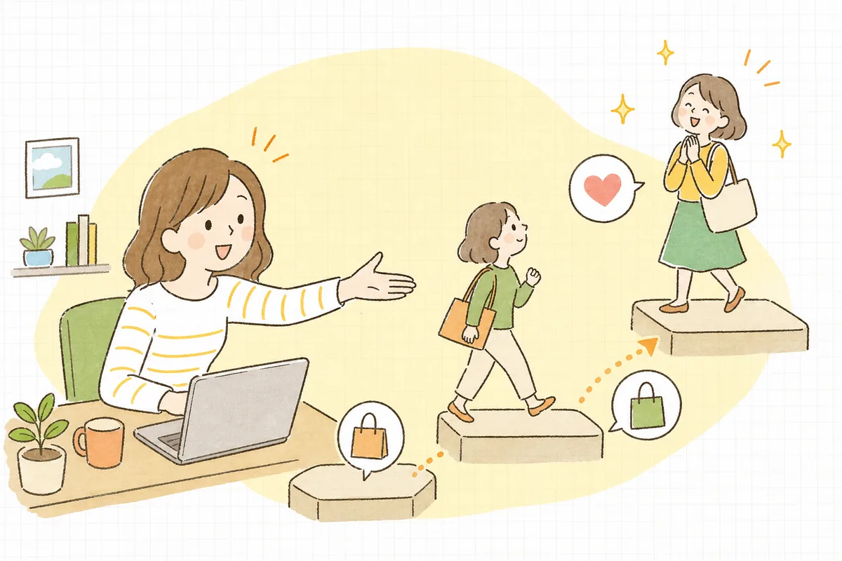 ECの担当者が、2回買ってくれたお客さんにもう一歩近づいてもらおうと、やさしく手を差し伸べて小さな橋を架けるように寄り添っている情景