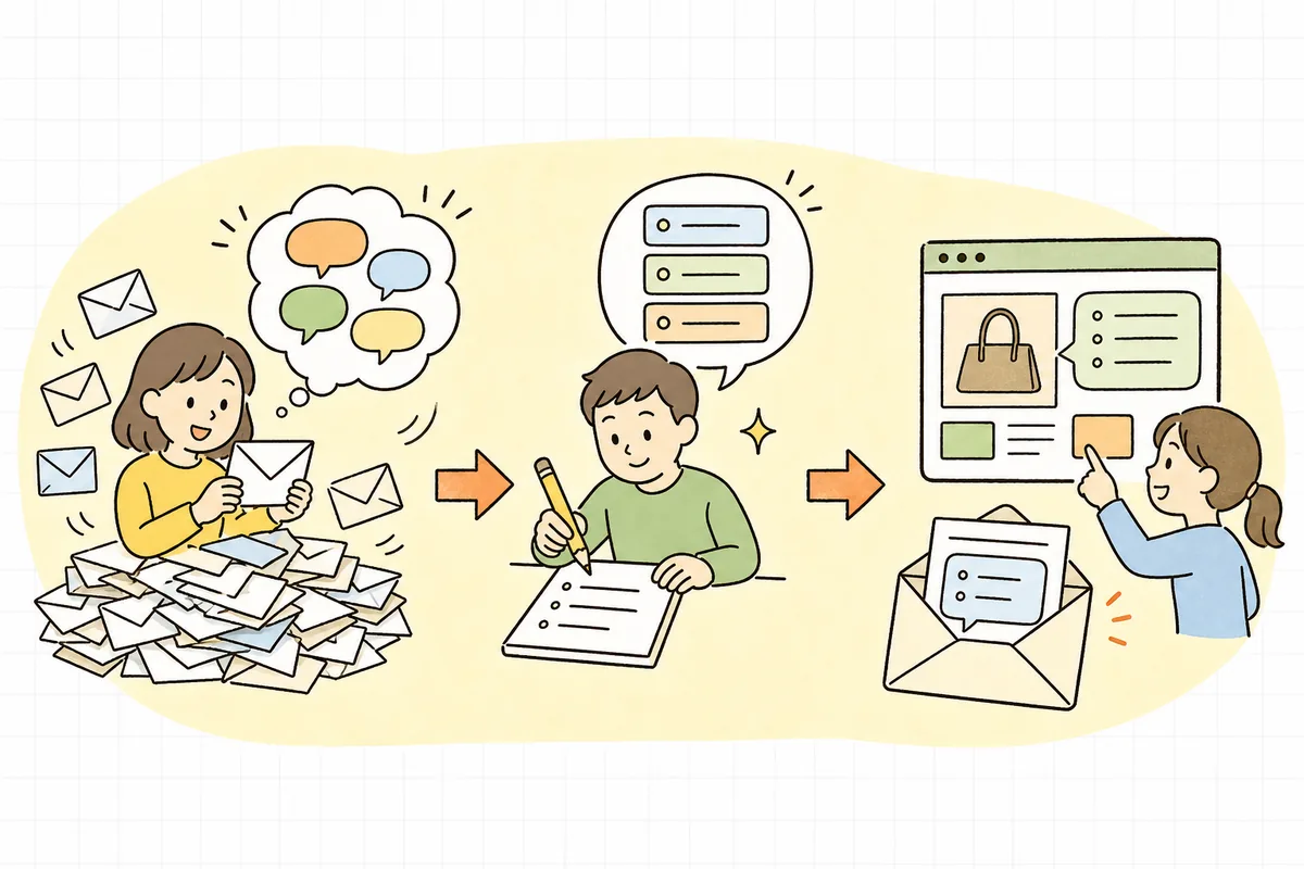 問い合わせを減らすFAQ整備の3ステップ（質問を集める→答えを書く→お客さんが見る場所に置く）を順に並べた構成図