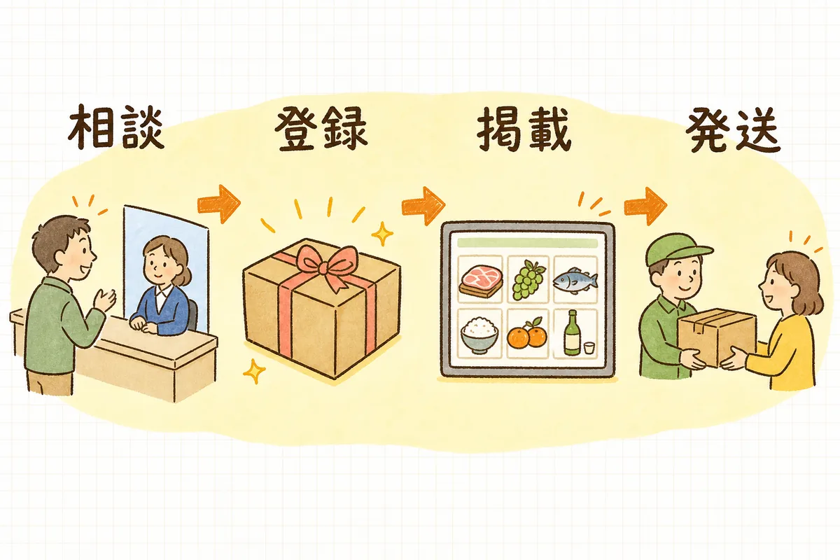 事業者が自治体と提携し、返礼品として登録され、ポータル掲載から発送までつながる流れを示した図