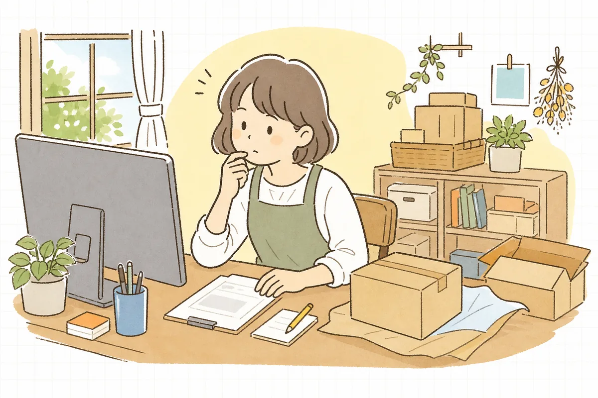 届いた注文内容を画面で見ながら「この注文、なんだか引っかかるな」と少し考えこむショップ担当者