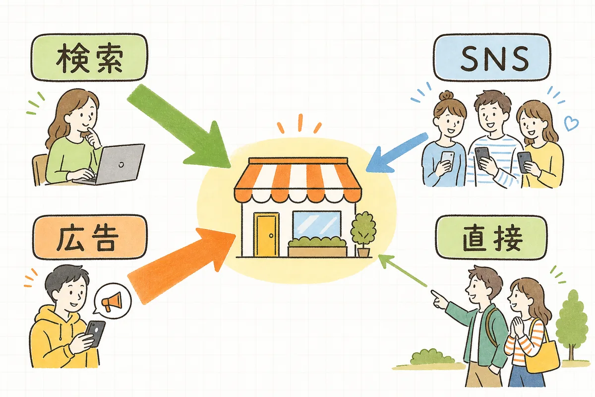 検索・広告・SNS・直接など複数の入口から、それぞれの太さの矢印が一つのお店マークに集まる流入チャネルの概念図