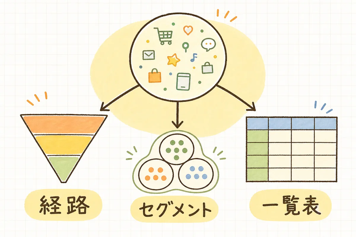 同じデータを「経路」「セグメント」「自由形式」の3つの切り口で見ることで、それぞれ違う気づきが得られることを示した図