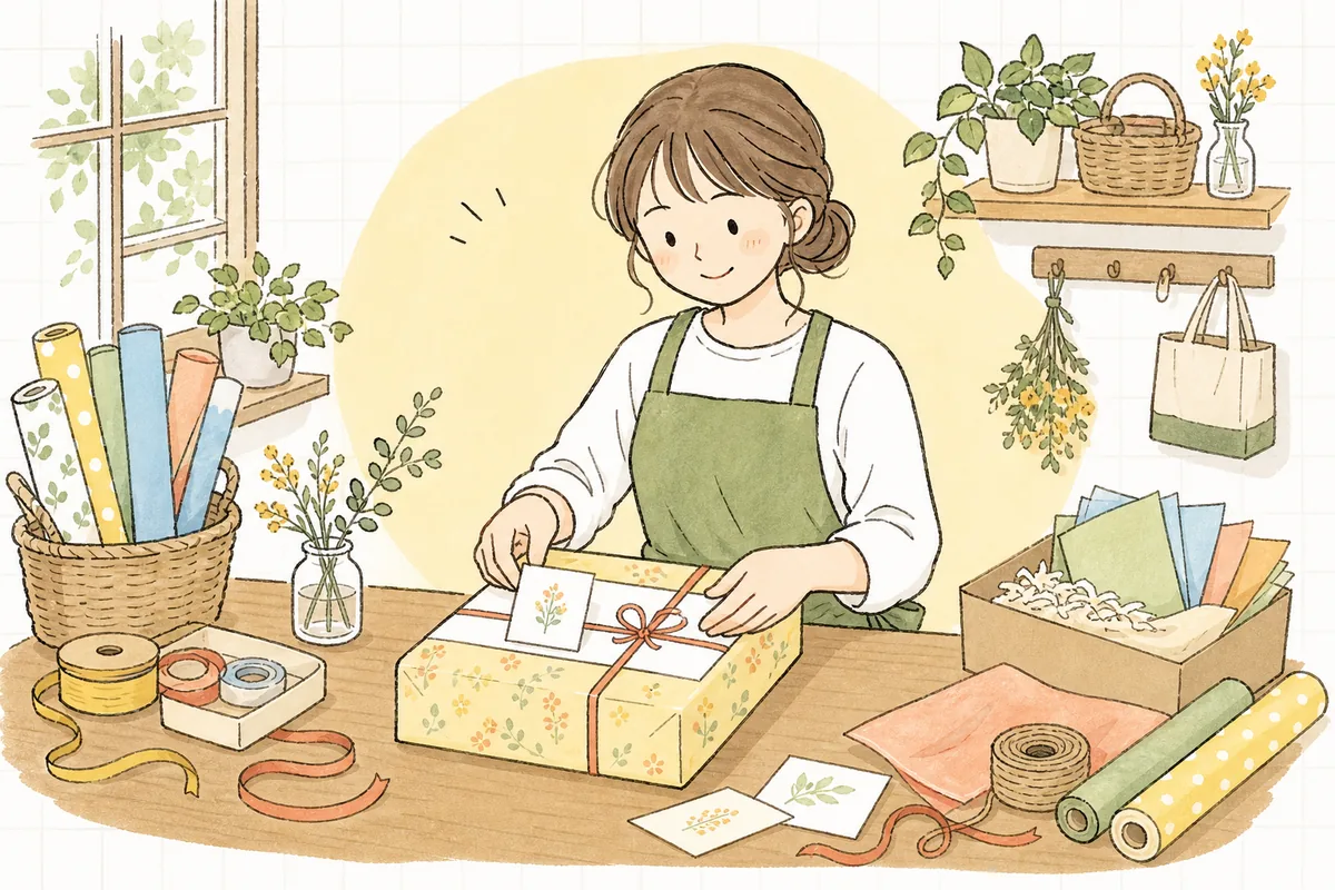 商品をていねいに包装紙で包み、のしとメッセージカードを添えているショップ担当者