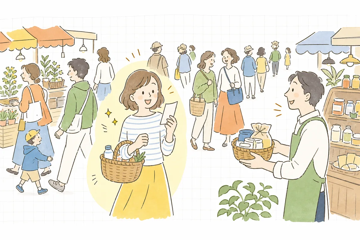たくさんの通行人の中から「この商品を今まさに探している人」にそっと光が当たり、お店の担当者が安心した表情でその人に商品を届けようとしている情景