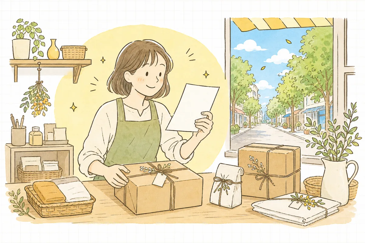 お店の担当者が、広告を通じて出会えたお客さんから「ありがとう」と受け取り、晴れやかに前を向いている明るい情景