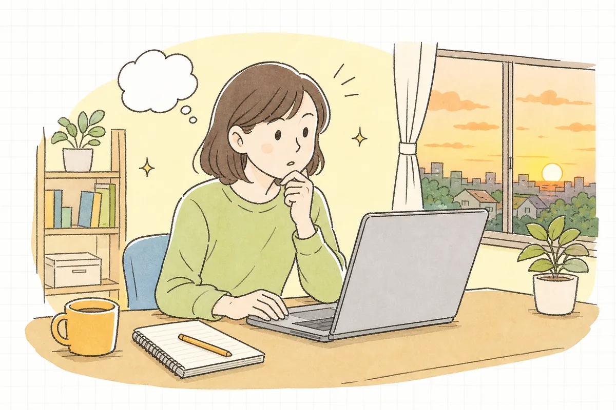 Google広告を運用するEC担当者が、ライバル店と同じ検索キーワードに出稿しているのに自社のほうがクリック単価が高いことに気づき、原因を考えている情景