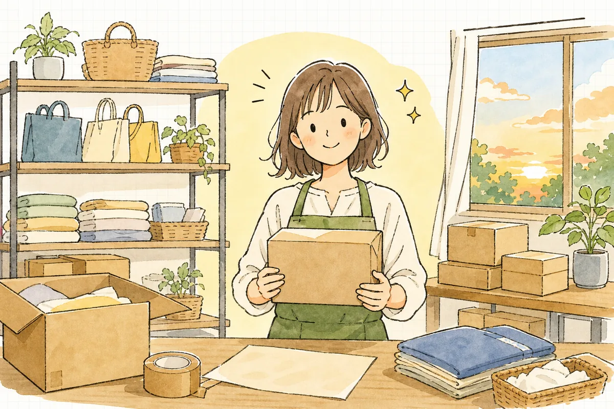 検索から届いた注文を手に、これから商品を発送しようと明るい表情で前を向いている小さなショップの担当者