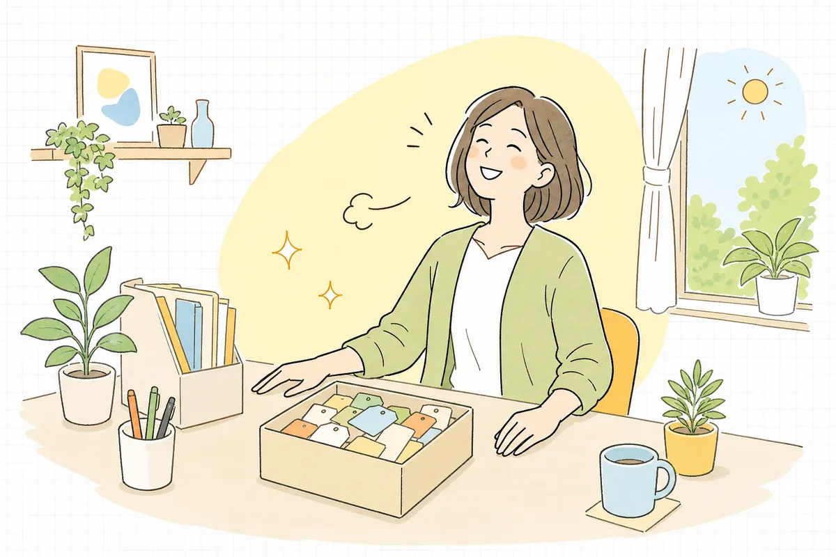 たくさんの計測タグが一つの管理箱にすっきり片づき、ほっとした表情で見つめるEC担当者の情景