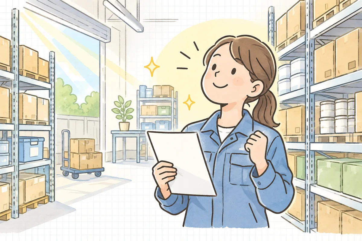 発注の量が決まり、すっきり整った棚を前に落ち着いた表情でうなずくEC担当者の情景